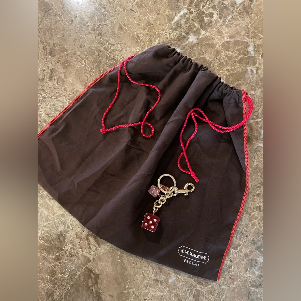 COACH Brown & Red Drawstring Dust Bag W/NWOT UNBRANDED Dice Keychain Bag Charm - Picture 9 of 10